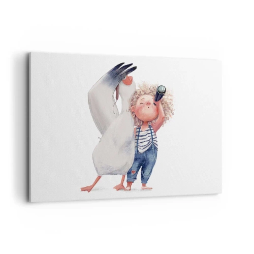 Bild auf Leinwand - Leinwandbild - Illustration eines Kindes mit einem Pelikan und einem Teleskop in der Hand - 100x70cm - Toller Reiseplan - Moderne Wanddekoration für Wohnzimmer und Schlafzimmer ARTTOR