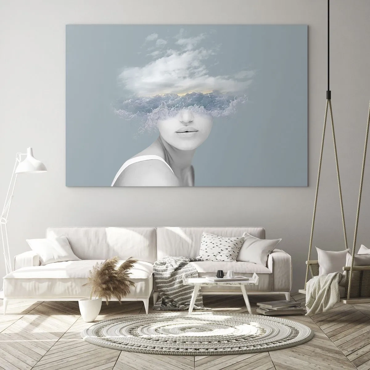 Glasbild - Bild auf glas - Das Gesicht einer Frau verschmilzt in einer surrealen Vision mit Himmel und Wolken. - 120x80cm - Mit dem Kopf in den Wolken - Moderne Wanddekoration für Wohnzimmer und Schlafzimmer ARTTOR
