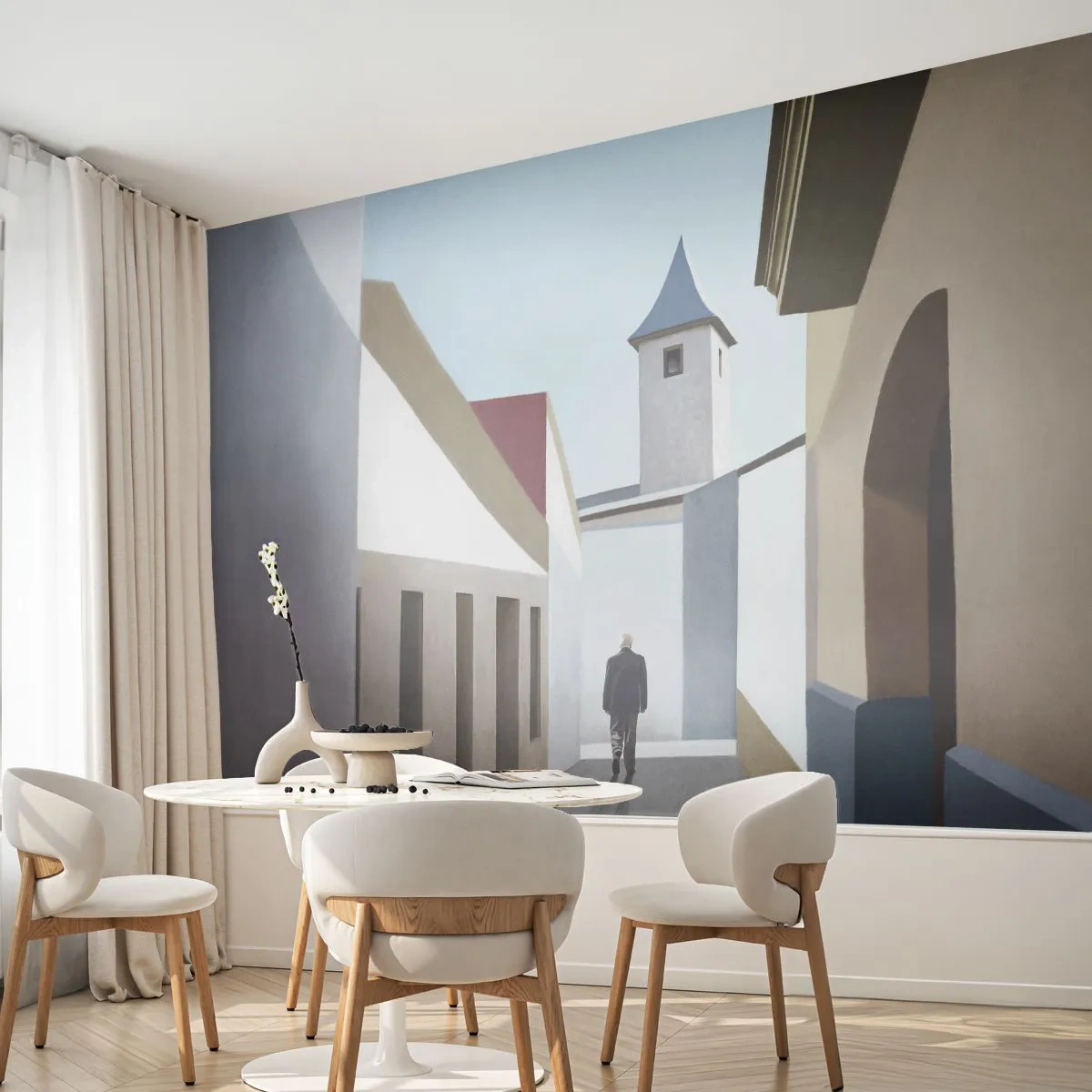 Fototapete Standard Eco - Sonniger Spaziergang - Pastell, Gebäude, Die Architektur - 150x105 cm