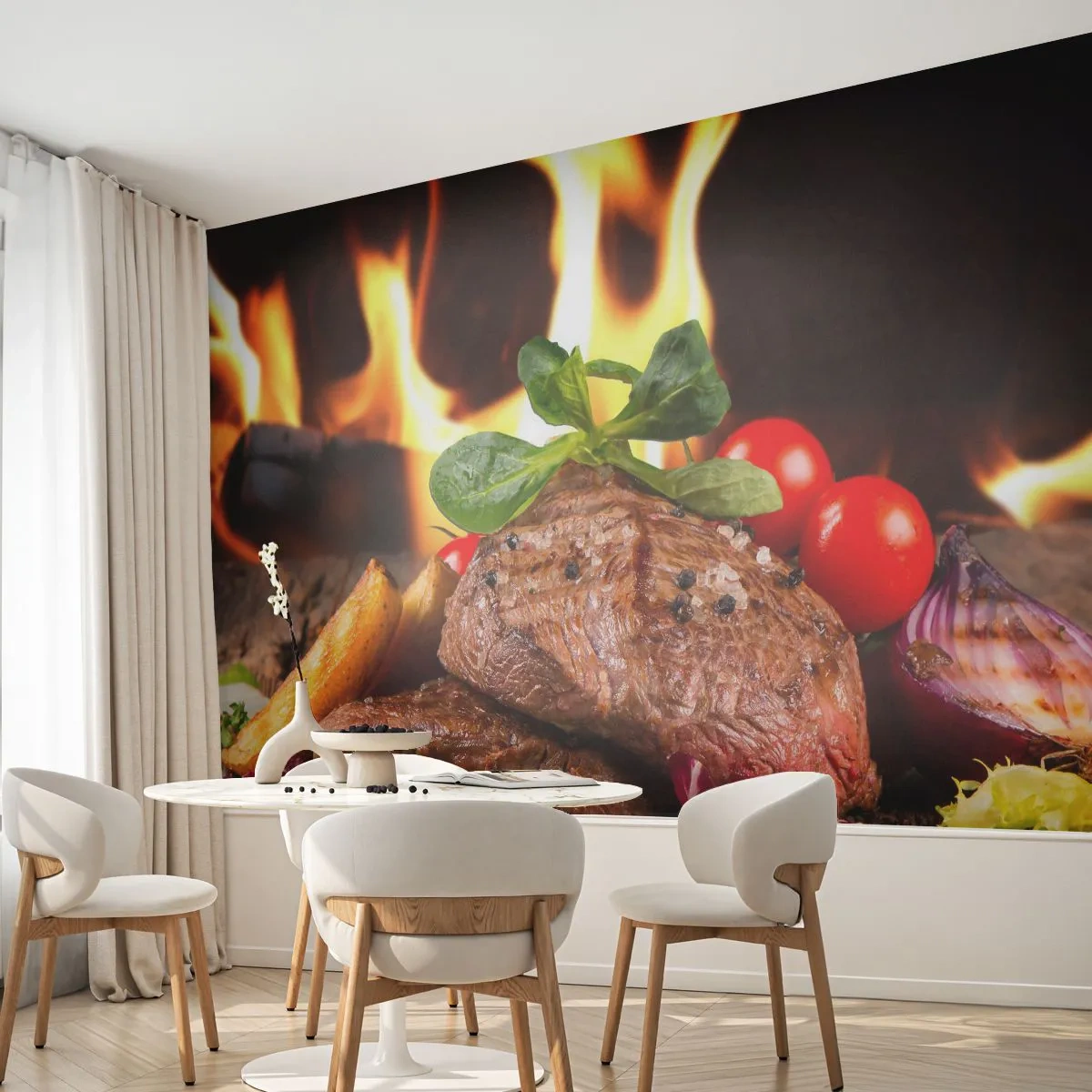 Fototapete Premium Sand - Gegrilltes Steak mit Gemüse vor dem Hintergrund der Flammen - 100x70cm - Von Hitze gezaubert - Moderne Wanddekoration für Wohnzimmer und Schlafzimmer ARTTOR