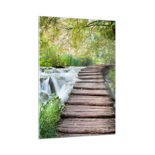 Glasbild - Bild auf glas - Eine Brücke im Wald über einen Bach - 50x70cm - Das Wasser ist überhaupt nicht ruhig - Moderne Wanddekoration für Wohnzimmer und Schlafzimmer ARTTOR