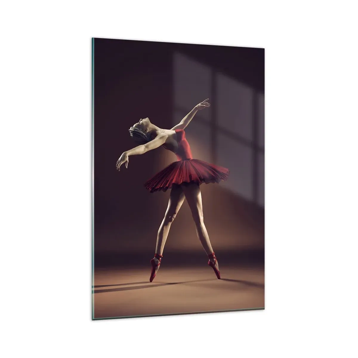 Glasbild - Bild auf glas - Eine Balletttänzerin in einem roten Kleid vor dem Hintergrund einer Bühne - 80x120cm - Eine Primaballerina - Moderne Wanddekoration für Wohnzimmer und Schlafzimmer ARTTOR