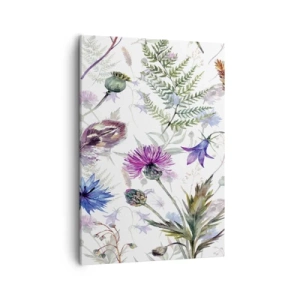 Bild auf Leinwand - Leinwandbild - Aquarellblumen und Kräuter auf weißem Hintergrund im Herbarium-Stil - 50x70cm - Polnisches Herbarium - Moderne Wanddekoration für Wohnzimmer und Schlafzimmer ARTTOR