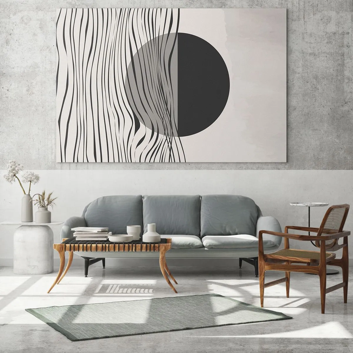 Glasbild - Bild auf glas - Schwarze Wellen und ein Kreis auf beigem Hintergrund - 70x50cm - Halbe Komposition - Moderne Wanddekoration für Wohnzimmer und Schlafzimmer ARTTOR