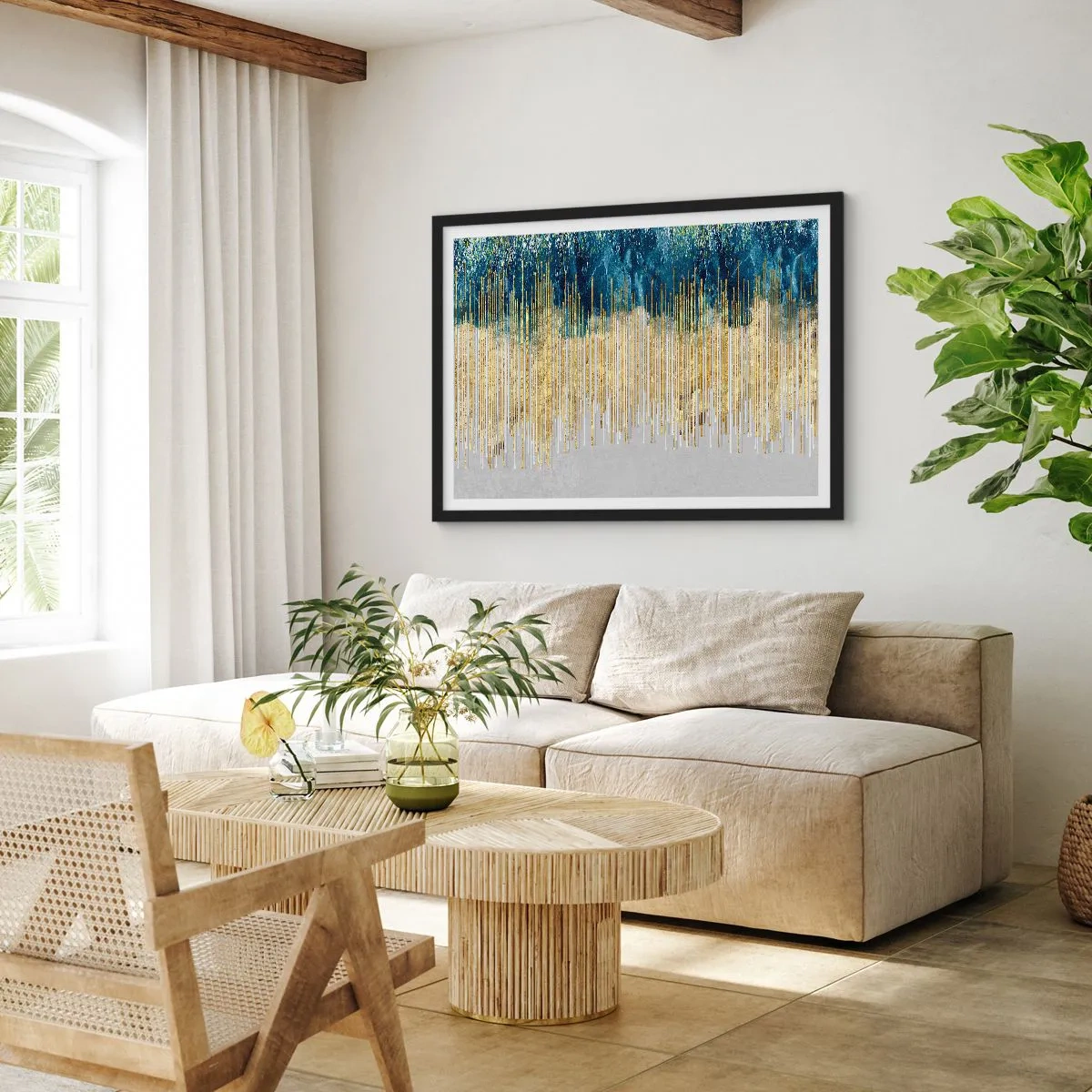 Poster in einem schwarzem Rahmen - Goldene Linien vor einem Hintergrund aus marineblauer und grauer Abstraktion - 70x50cm - Vergoldete Grenze - Moderne Wanddekoration für Wohnzimmer und Schlafzimmer ARTTOR