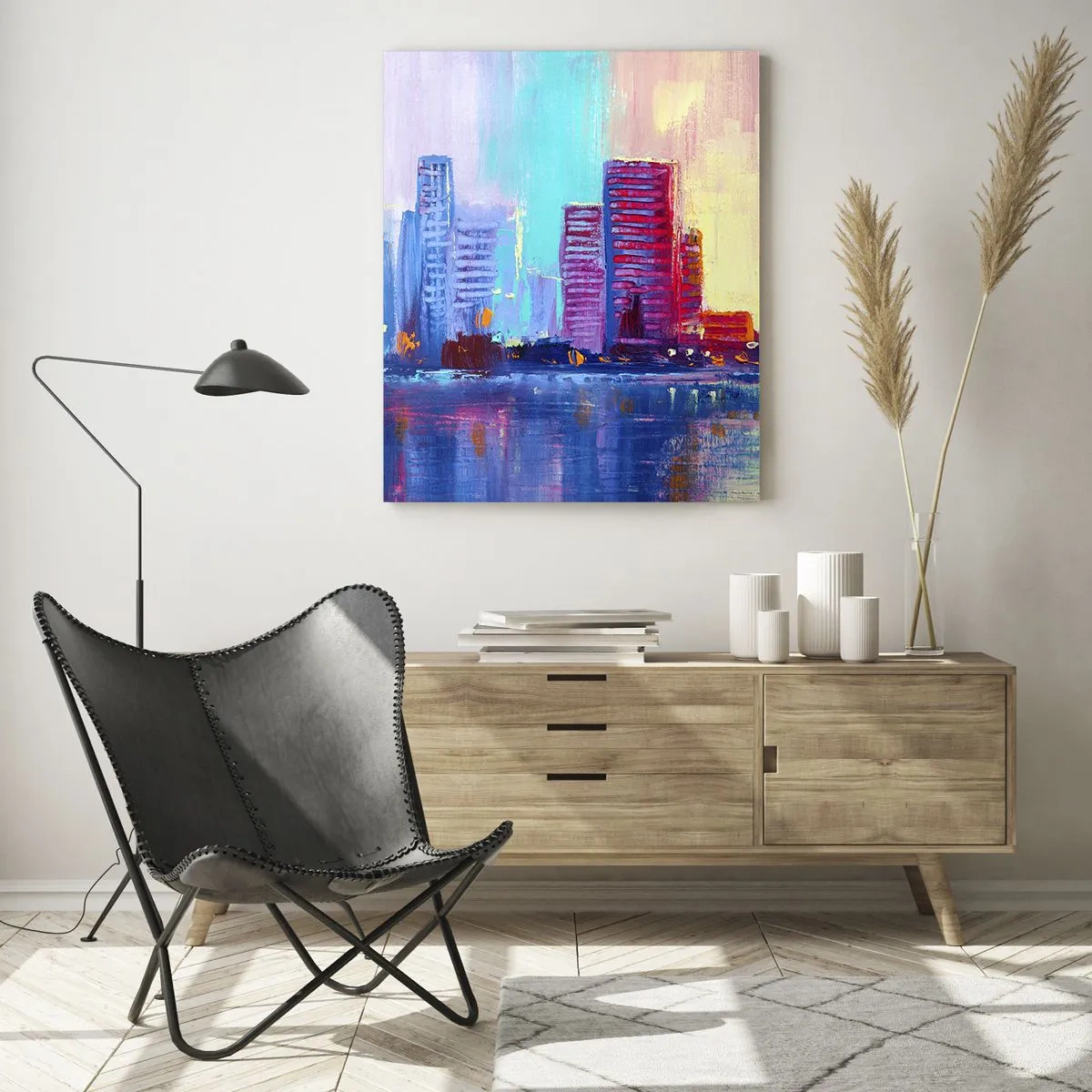 Glasbild - Bild auf glas - Ein farbenfrohes Panorama der Stadt im Aquarellstil - 80x120cm - In Farben getaucht - Moderne Wanddekoration für Wohnzimmer und Schlafzimmer ARTTOR