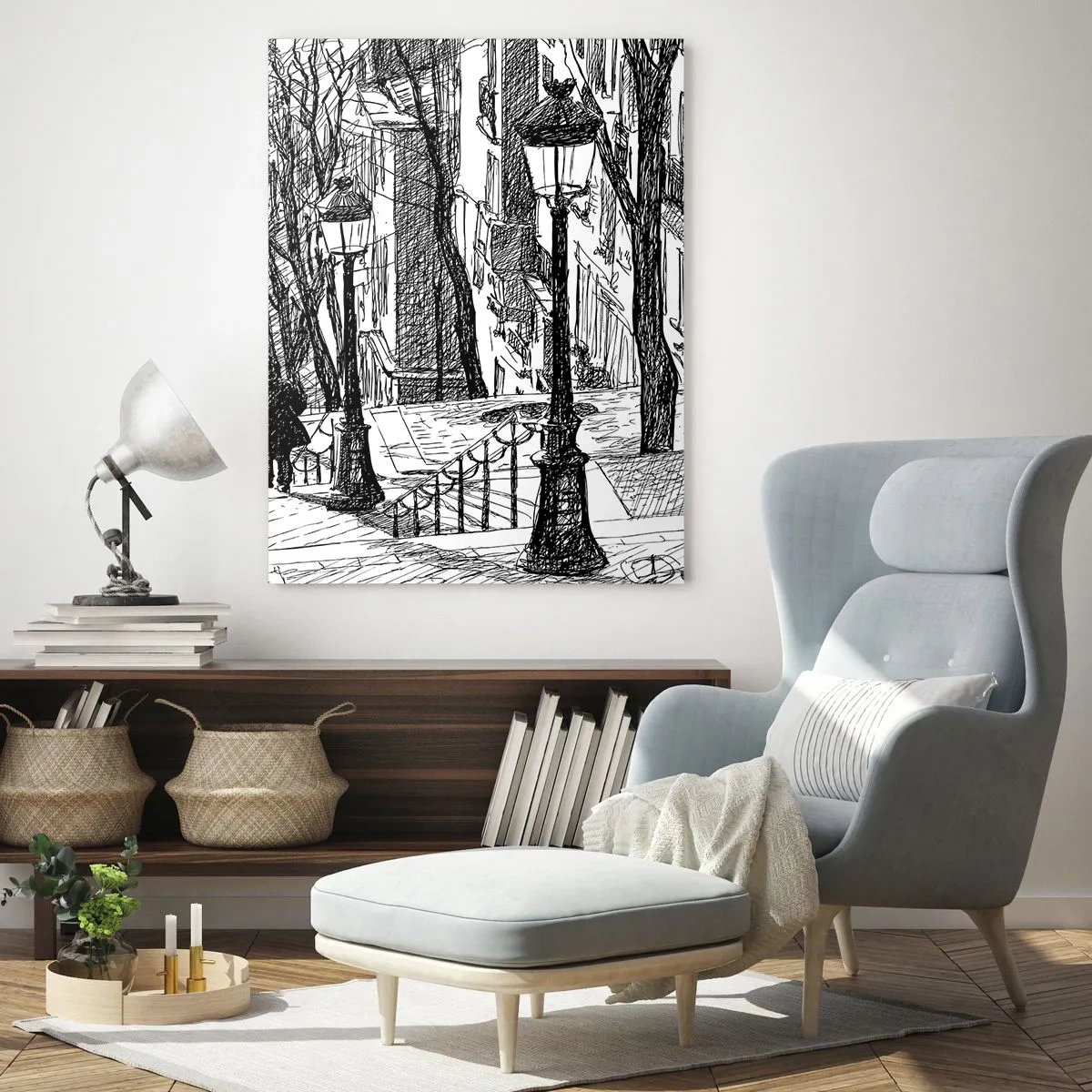 Glasbild - Bild auf glas - Eine Straße mit Lampen und einer menschlichen Silhouette in Skizzentechnik - 80x120cm - Liebesgeschichte oder Horrorgeschichte? - Moderne Wanddekoration für Wohnzimmer und Schlafzimmer ARTTOR