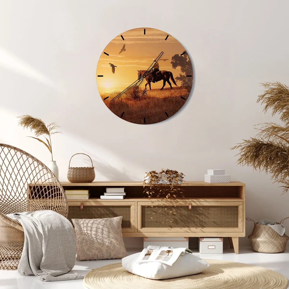 Wanduhr - Glasuhr - Cowboy auf dem Pferd bei Sonnenuntergang - 30x30cm - Allein durch die Prärie - Moderne Wanddekoration für Wohnzimmer, Küche und Schlafzimmer ARTTOR