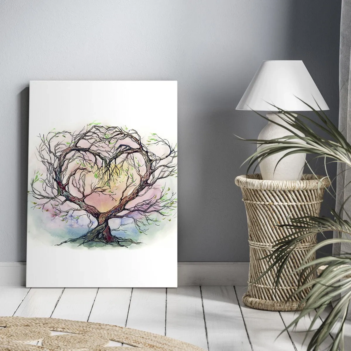 Bild auf Leinwand - Leinwandbild - Ein herzförmiger Baum vor einem Hintergrund aus zarten Pastellfarben - 50x70cm - Gemeinsam gegen die Stürme - Moderne Wanddekoration für Wohnzimmer und Schlafzimmer ARTTOR