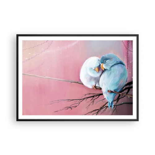 Poster in einem schwarzem Rahmen - Zwei verliebte Vögel auf einem Ast auf rosa Hintergrund - 100x70cm - Was kann ich hier hinzufügen? ... - Moderne Wanddekoration für Wohnzimmer und Schlafzimmer ARTTOR