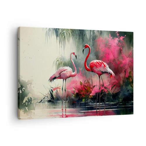 Bild auf Leinwand - Leinwandbild - Flamingos am Wasser, umgeben von Vegetation - 70x50cm - Lektion in natürlicher Anmut - Moderne Wanddekoration für Wohnzimmer und Schlafzimmer ARTTOR