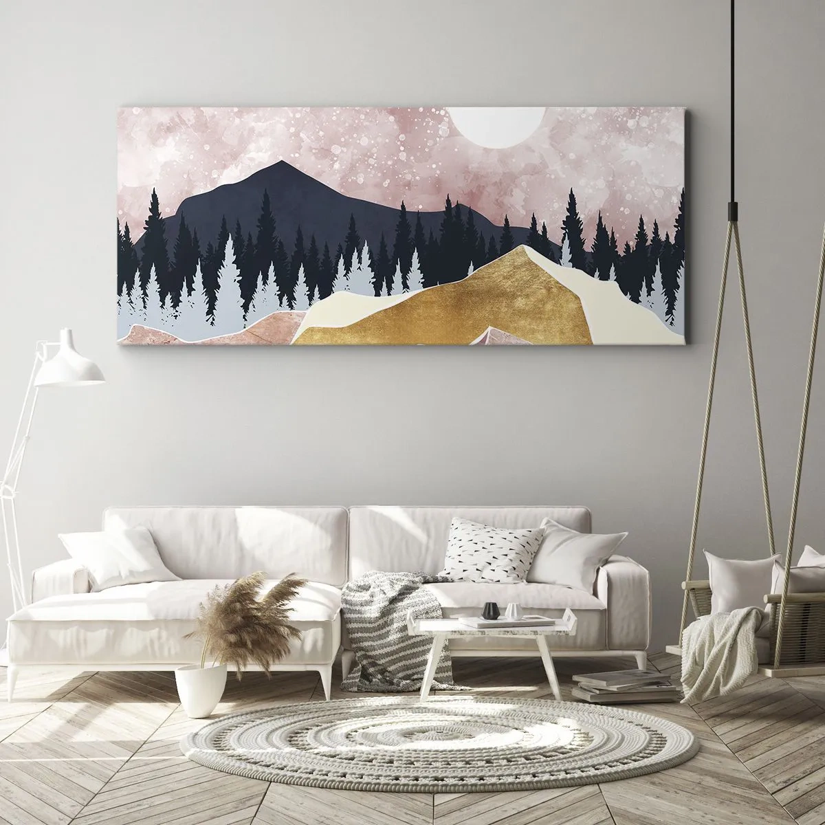 Bild auf Leinwand - Leinwandbild - Bunte Berge vor einem rosa Himmel mit einem Mond - 160x50cm - Nachtwache - Moderne Wanddekoration für Wohnzimmer und Schlafzimmer ARTTOR