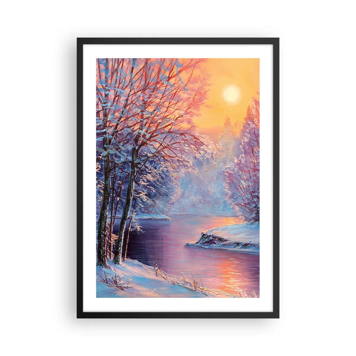 Poster in einem schwarzem Rahmen - Winterlandschaft mit einem Fluss im Schein der untergehenden Sonne - 50x70cm - Die Farben des Winters - Moderne Wanddekoration für Wohnzimmer und Schlafzimmer ARTTOR