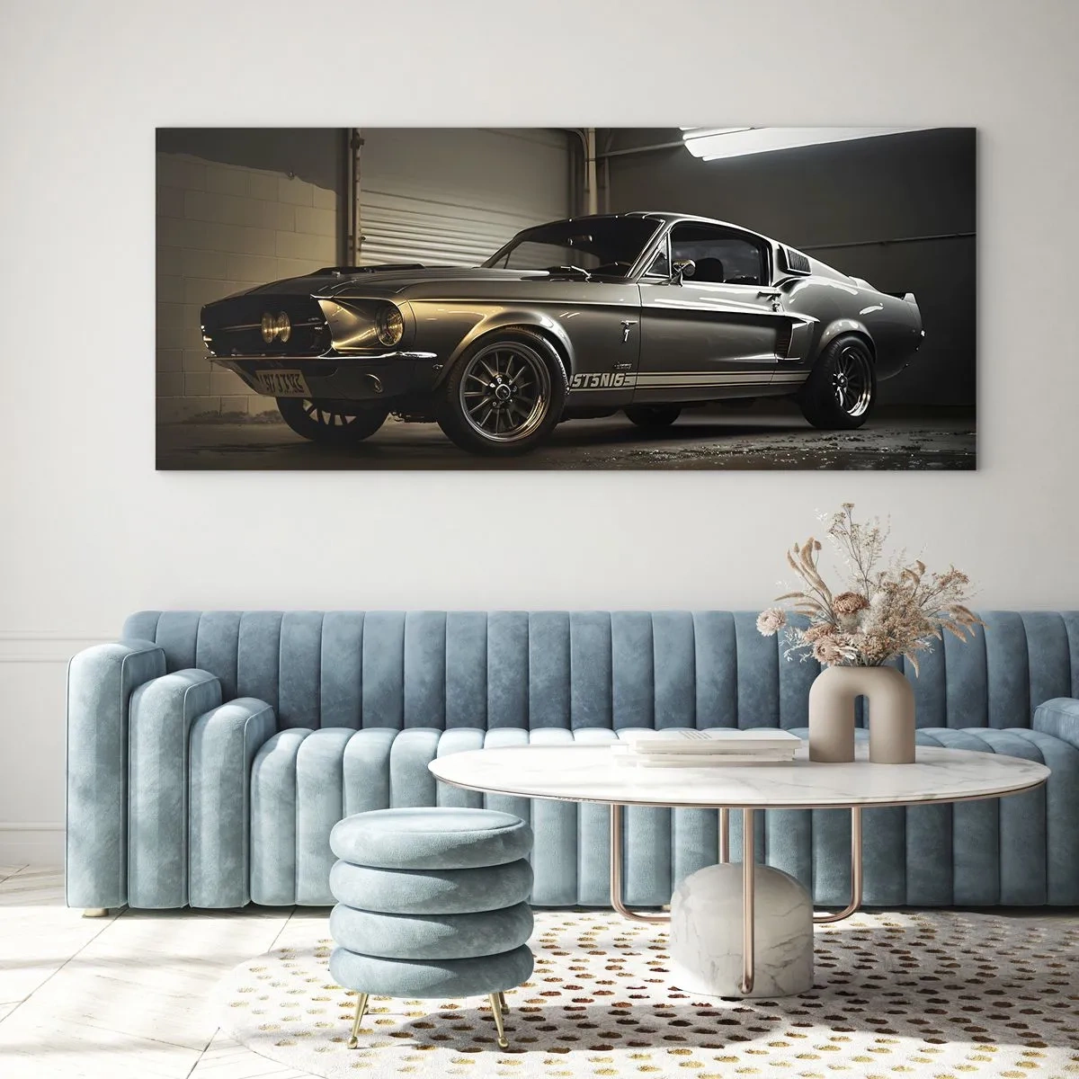 Glasbild - Bild auf glas - Oldtimer in Retro-Garage - 120x50cm - Zurück in die Vergangenheit - Moderne Wanddekoration für Wohnzimmer und Schlafzimmer ARTTOR