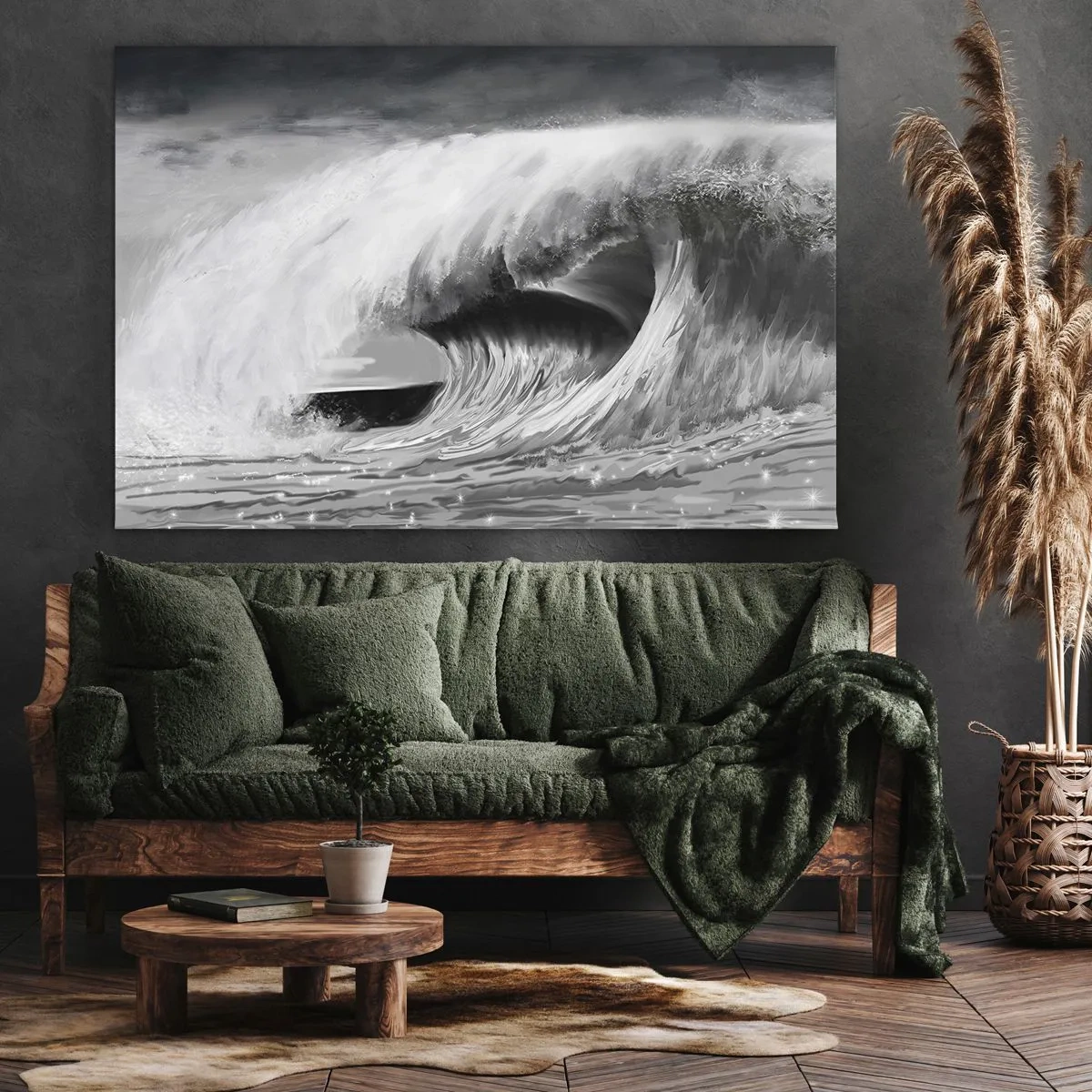 Bild auf Leinwand - Leinwandbild - Dramatische Meereswelle in Monochrom - 120x80cm - Wut des Ozeans - Moderne Wanddekoration für Wohnzimmer und Schlafzimmer ARTTOR