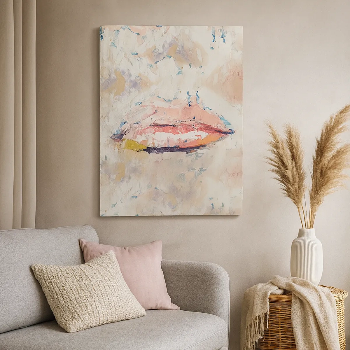 Bild auf Leinwand - Leinwandbild - Eine abstrakte Komposition, die die Lippen einer Frau in Pastellfarben darstellt. - 50x70cm - Es weckt die Sinne - Moderne Wanddekoration für Wohnzimmer und Schlafzimmer ARTTOR