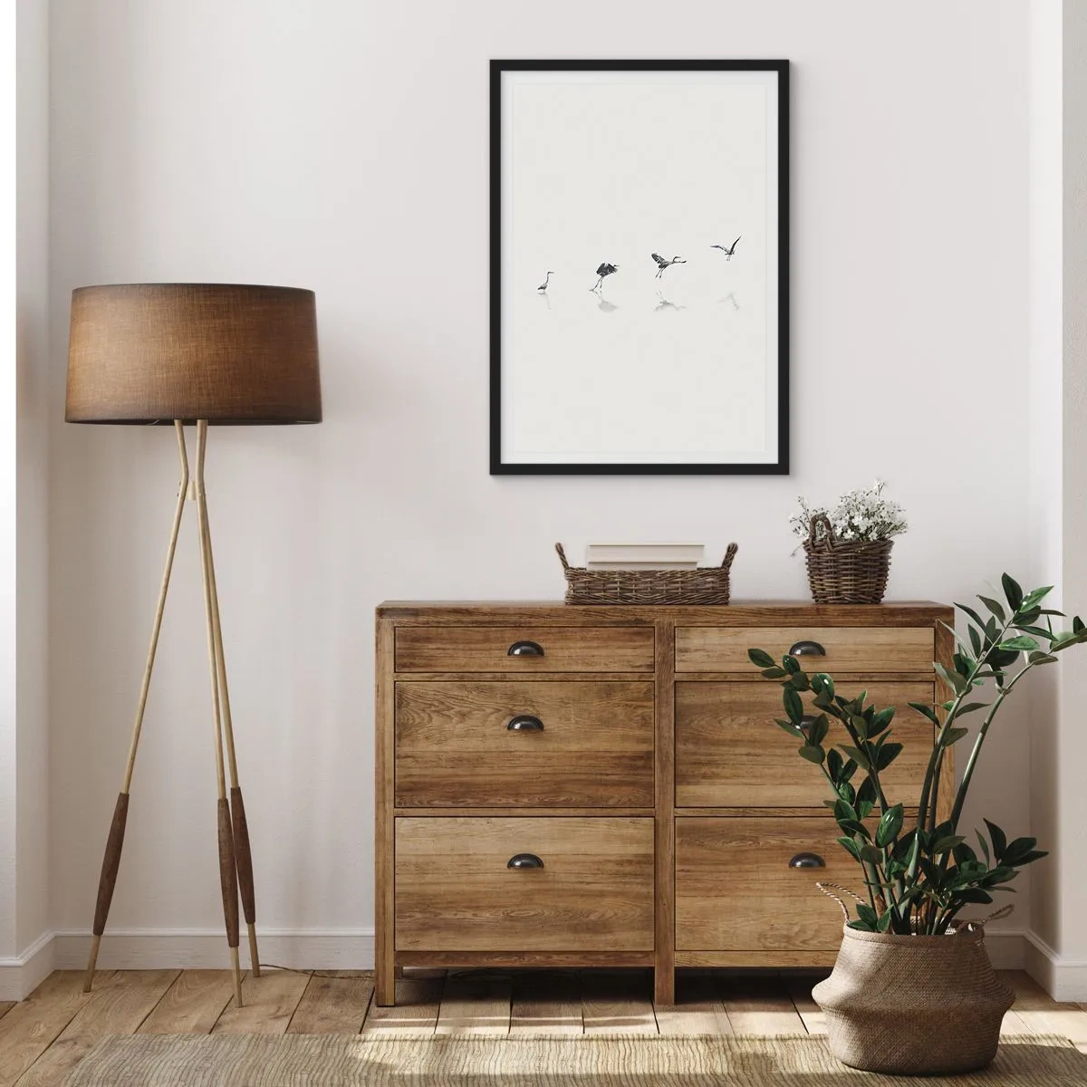 Poster in einem schwarzem Rahmen - Eine minimalistische Komposition von Vögeln am Wasser - 50x70cm - Vier einfache Schritte - Moderne Wanddekoration für Wohnzimmer und Schlafzimmer ARTTOR