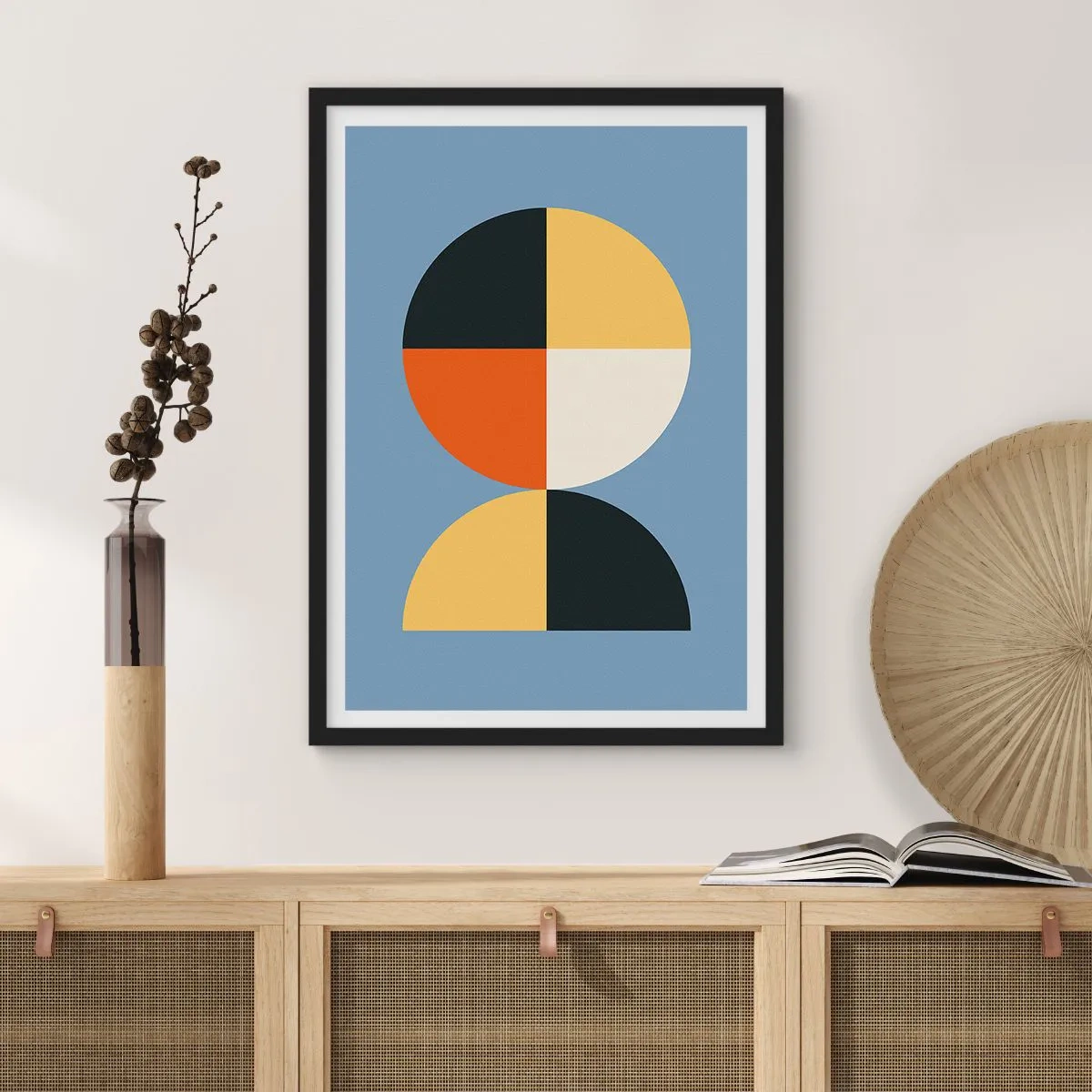 Poster in einem schwarzem Rahmen - Geometrisches Motiv in Form eines Kreises und eines Halbkreises auf blauem Hintergrund - 50x70cm - Beobachte und zähle - Moderne Wanddekoration für Wohnzimmer und Schlafzimmer ARTTOR