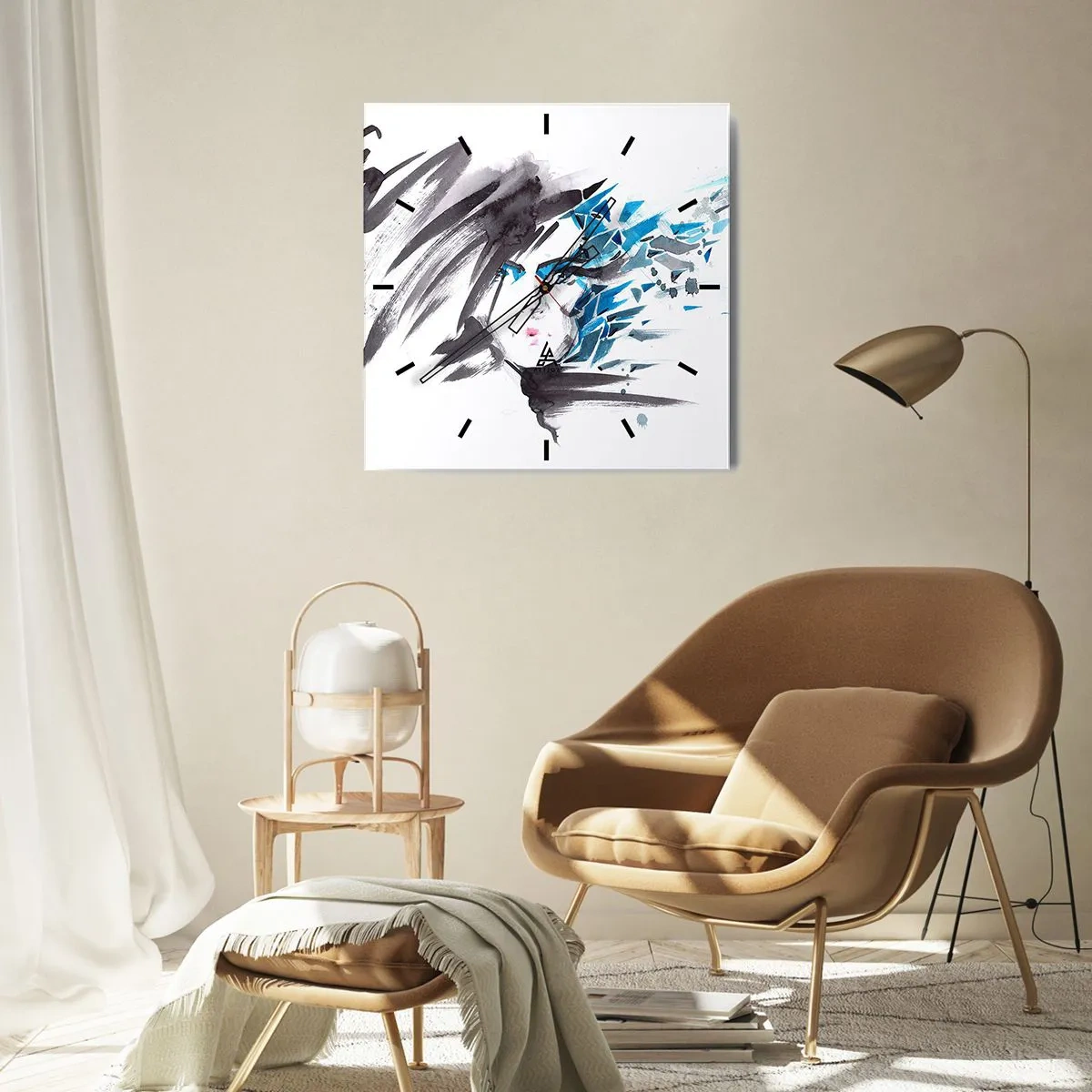 Wanduhr - Glasuhr - Künstlerische Aquarell-Gesichtsbemalung mit blauen Akzenten - 30x30cm - Sinnliches Portrait in Grau und Blau - Moderne Wanddekoration für Wohnzimmer und Schlafzimmer ARTTOR