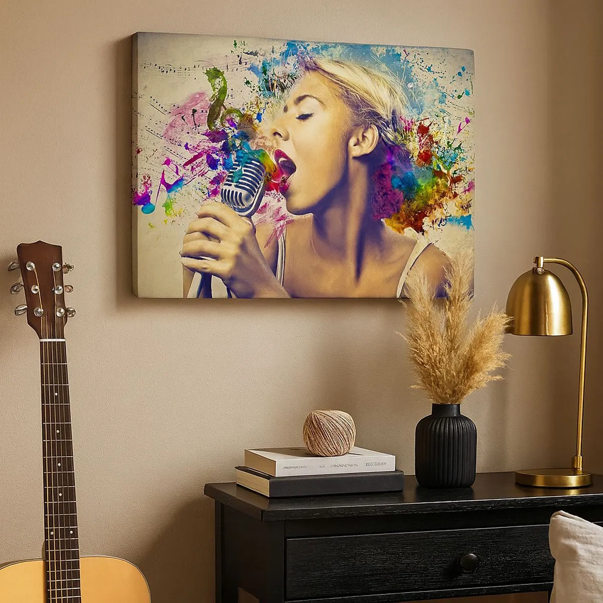 Bild auf Leinwand - Leinwandbild - Künstlerisches Porträt einer singenden Frau mit farbenfrohen Effekten - 70x50cm - Malen Sie die Welt mit Ihrer Stimme - Moderne Wanddekoration für Wohnzimmer und Schlafzimmer ARTTOR