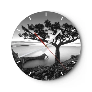 Wanduhr - Glasuhr - Ein Baum auf einer Klippe mit Blick auf das Meer in Schwarz und Weiß - 30x30cm - Stille bis zum Horizont - Moderne Wanddekoration für Wohnzimmer, Küche und Schlafzimmer ARTTOR