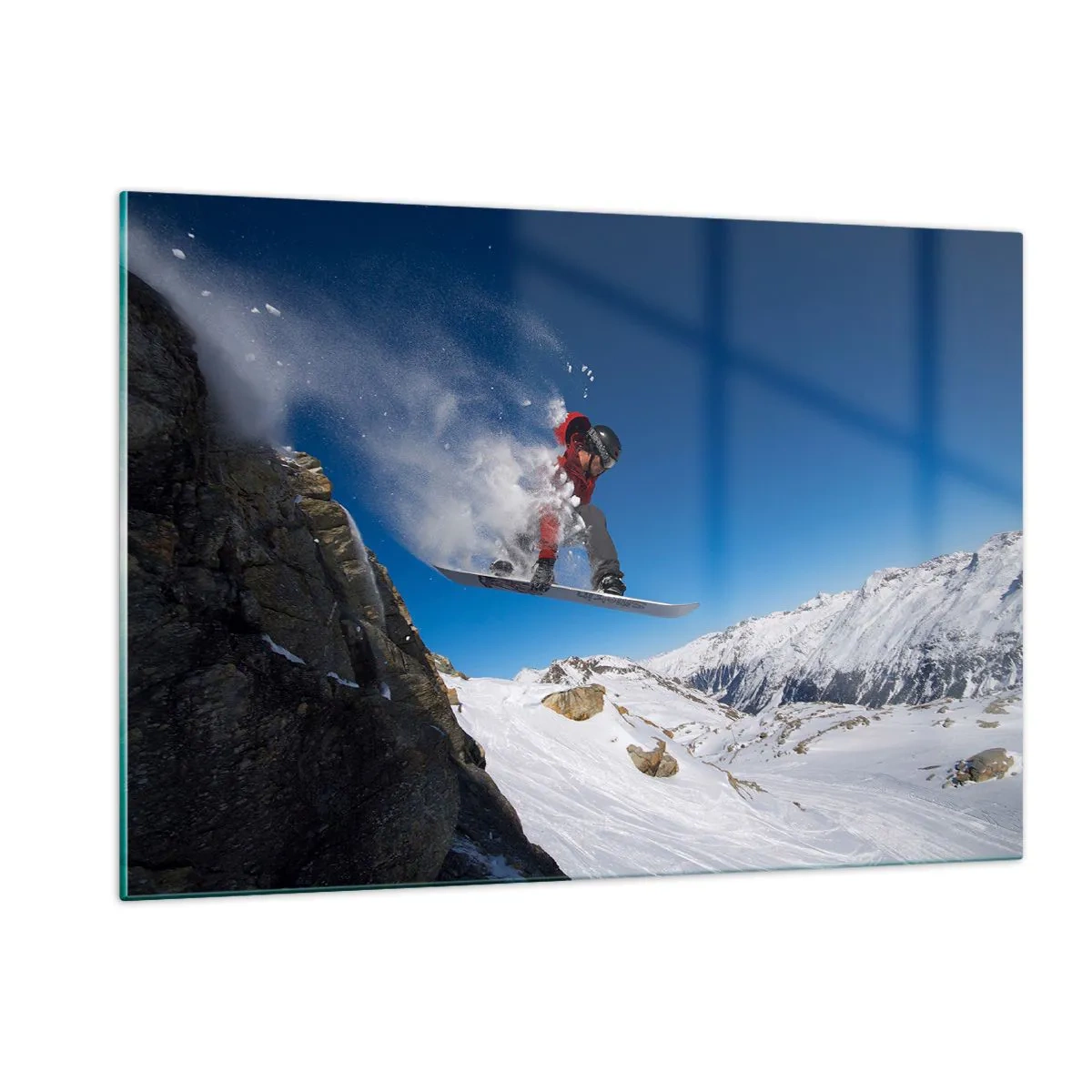 Glasbild - Bild auf glas - Ein Snowboarder springt vor einer Bergkulisse - 120x80cm - Und du wurdest Teil des Raums - Moderne Wanddekoration für Wohnzimmer und Schlafzimmer ARTTOR