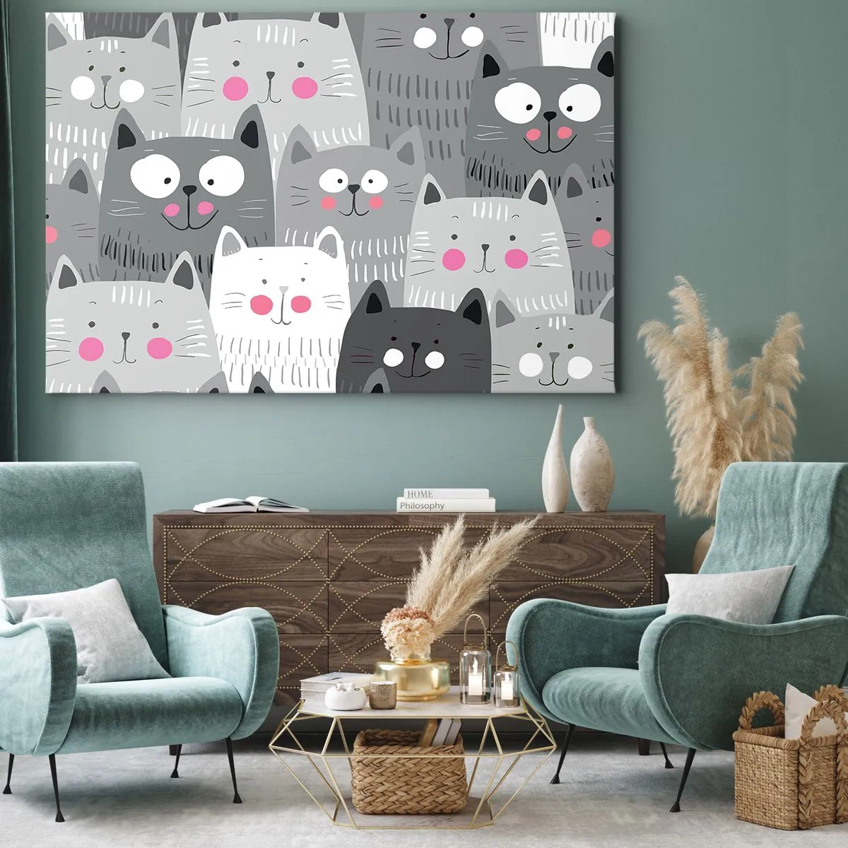 Bild auf Leinwand - Leinwandbild - Ein lustiges Muster mit Katzen in Grautönen - 70x50cm - Katzenwelt - Moderne Wanddekoration für Wohnzimmer und Schlafzimmer ARTTOR