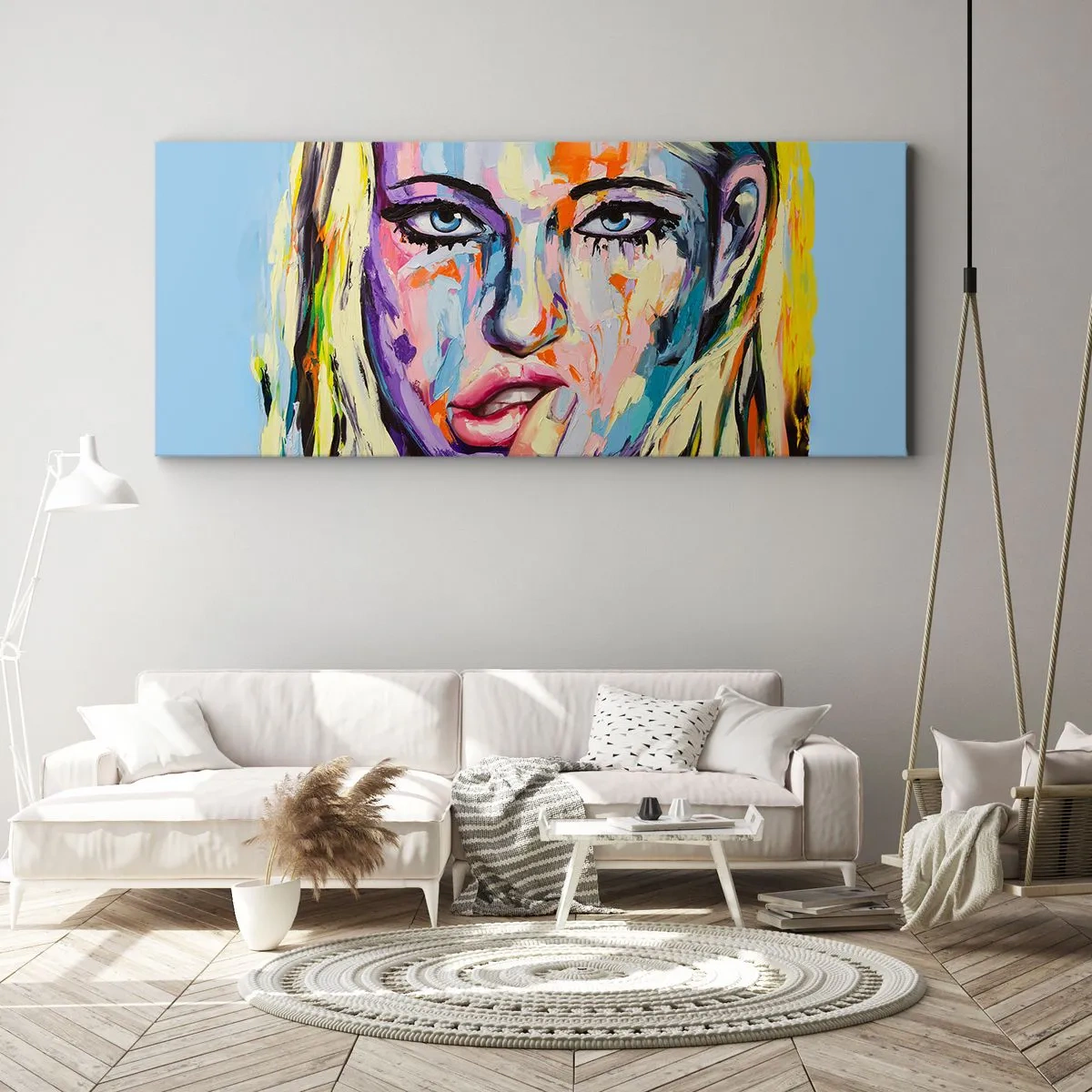 Bild auf Leinwand - Leinwandbild - Farbenfrohes Porträt einer Frau im abstrakten Stil - 140x50cm - Schau ihr direkt in die Augen - Moderne Wanddekoration für Wohnzimmer und Schlafzimmer ARTTOR