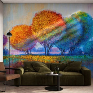 Fototapete Premium Sand - Bunte Bäume im impressionistischen Stil - 100x70cm - Ein Haufen leuchtender Farben - Moderne Wanddekoration für Wohnzimmer und Schlafzimmer ARTTOR