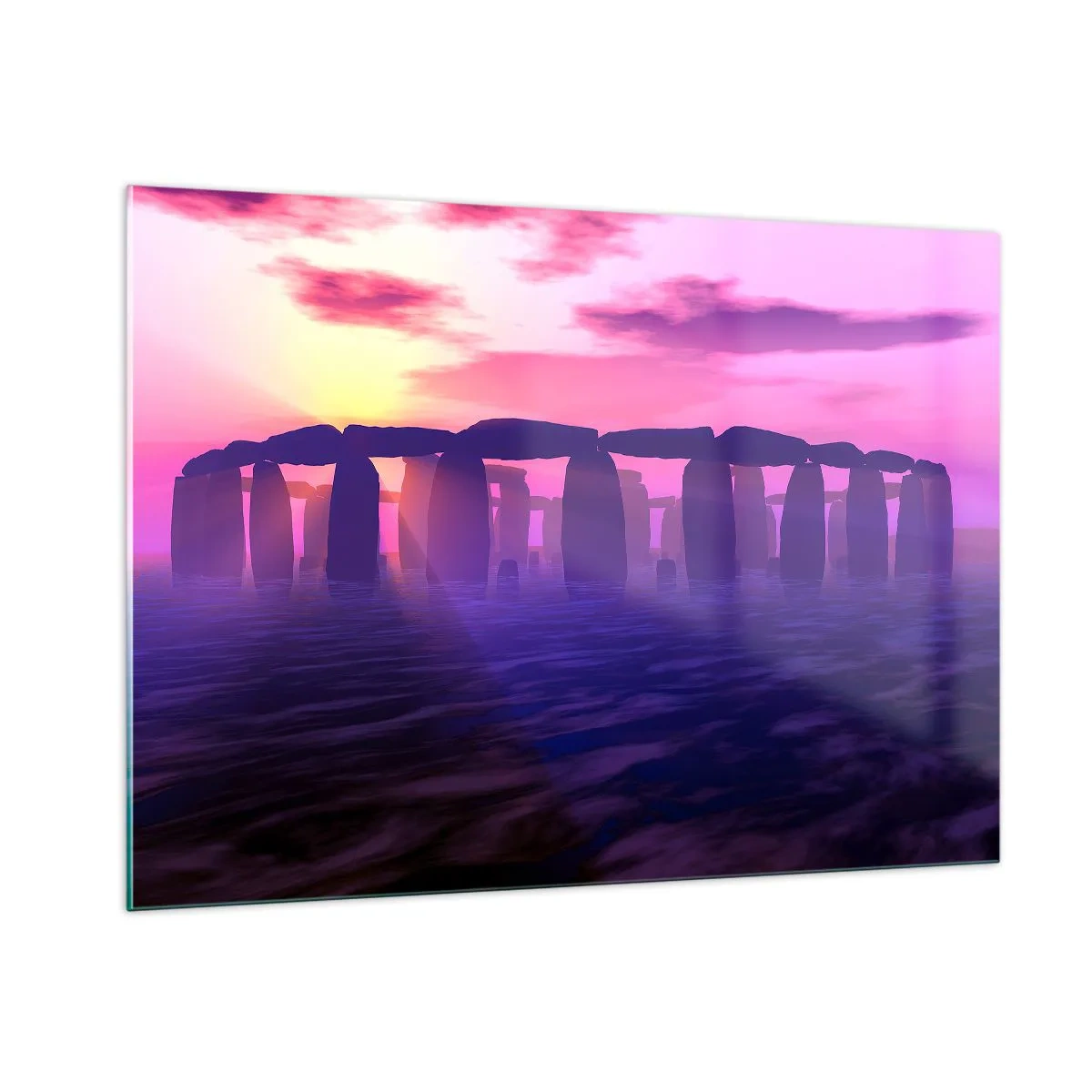 Glasbild - Bild auf glas - Stonehenge im Licht eines rosa Sonnenuntergangs - 100x70cm - Geheimnis im Morgengrauen im Nebel - Moderne Wanddekoration für Wohnzimmer und Schlafzimmer ARTTOR