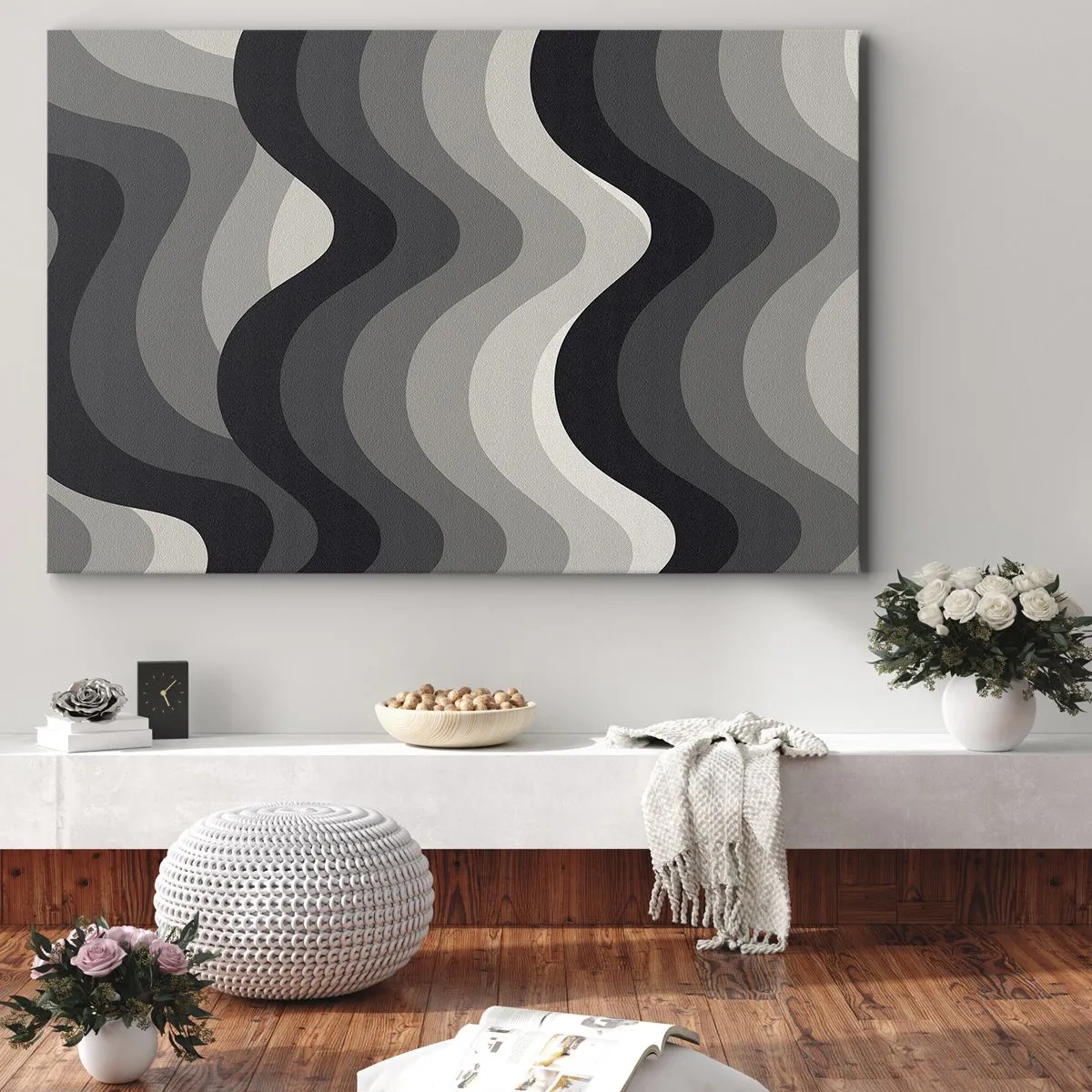 Bild auf Leinwand - Leinwandbild - Schwarz-weiße Wellenmuster in Grautönen - 70x50cm - Eine Welle nach der anderen - Moderne Wanddekoration für Wohnzimmer und Schlafzimmer ARTTOR