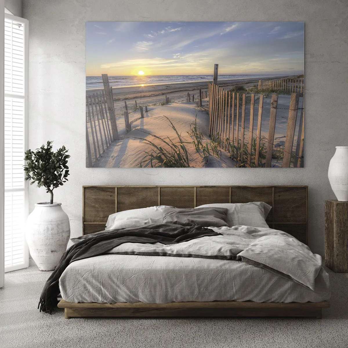 Glasbild - Bild auf glas - Strand mit Dünen bei Sonnenuntergang - 70x50cm - Schein und Schatten des Windes - Moderne Wanddekoration für Wohnzimmer und Schlafzimmer ARTTOR