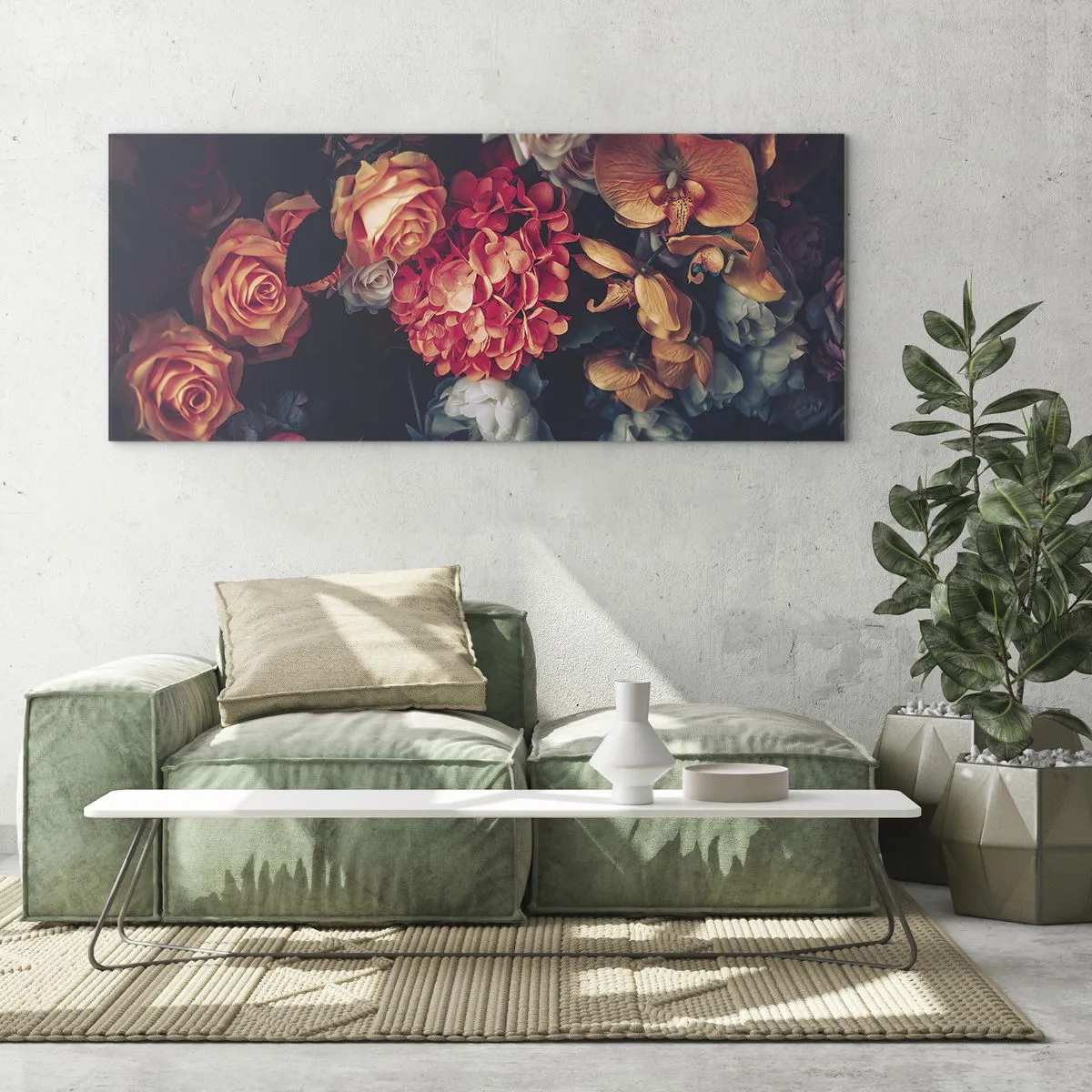 Glasbild - Bild auf glas - Ein Strauß verschiedener Blumen in dunklen Tönen - 120x50cm - Wie bei den holländischen Meistern - Moderne Wanddekoration für Wohnzimmer und Schlafzimmer ARTTOR
