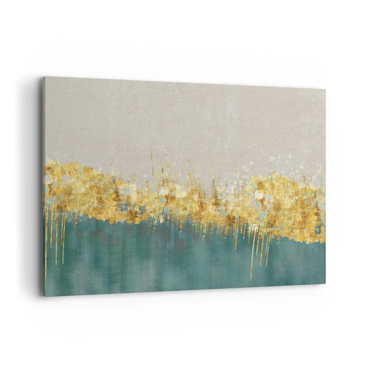 Bild auf Leinwand - Leinwandbild - Goldene Akzente auf grün-beigem Untergrund - 100x70cm - Goldener Rand - Moderne Wanddekoration für Wohnzimmer und Schlafzimmer ARTTOR