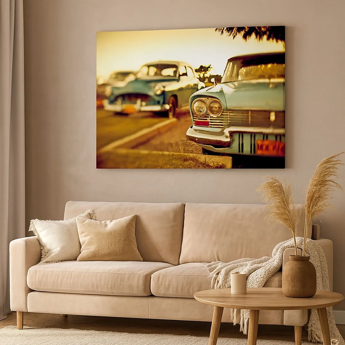 Bild auf Leinwand - Leinwandbild - Oldtimer im warmen Licht des Sonnenuntergangs - 70x50cm - Wir werden abwarten und sehen - Moderne Wanddekoration für Wohnzimmer und Schlafzimmer ARTTOR