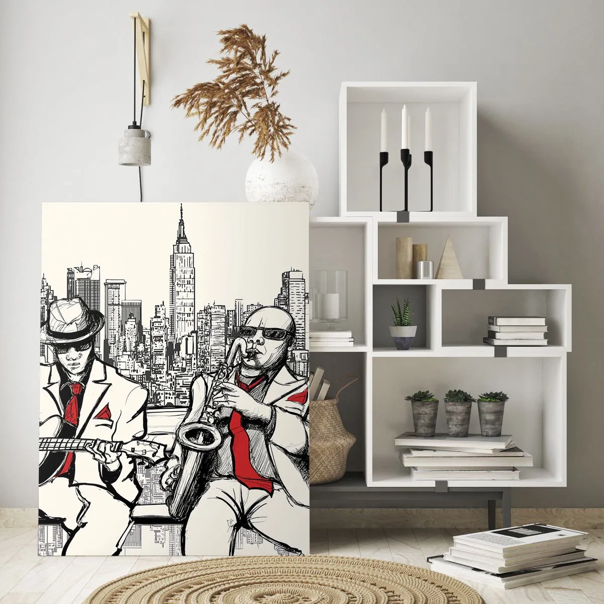 Glasbild - Bild auf glas - Zwei Jazzmusiker spielen vor der Kulisse der Skyline der Stadt - 50x70cm - New Yorker Improvisation - Moderne Wanddekoration für Wohnzimmer und Schlafzimmer ARTTOR