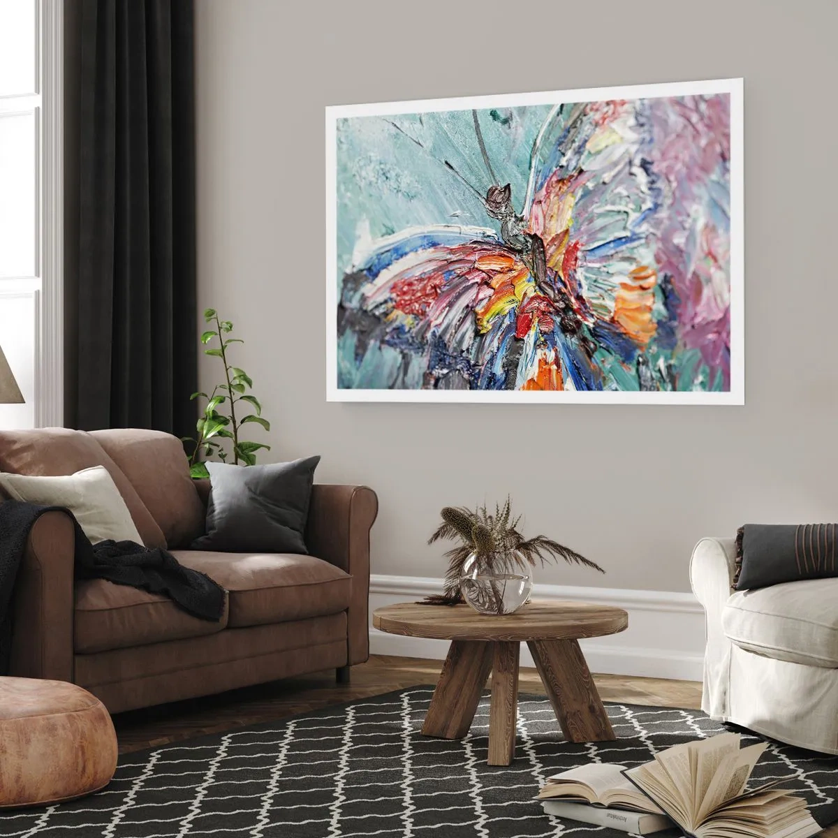 Poster - Bunter Impasto-Schmetterling auf pastellfarbenem Hintergrund - 100x70cm - Von der Natur gemalt - Moderne Wanddekoration für Wohnzimmer und Schlafzimmer ARTTOR