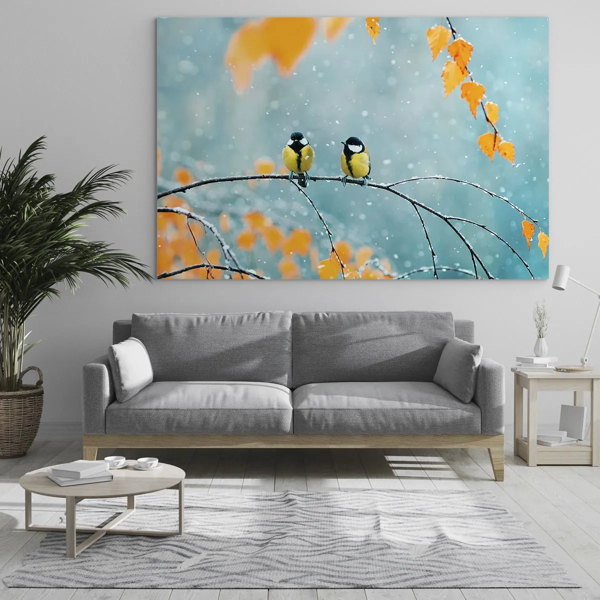 Glasbild - Bild auf glas - Zwei Meisen sitzen auf einem Zweig zwischen fallenden Blättern - 70x50cm - Vogelklatsch - Moderne Wanddekoration für Wohnzimmer und Schlafzimmer ARTTOR