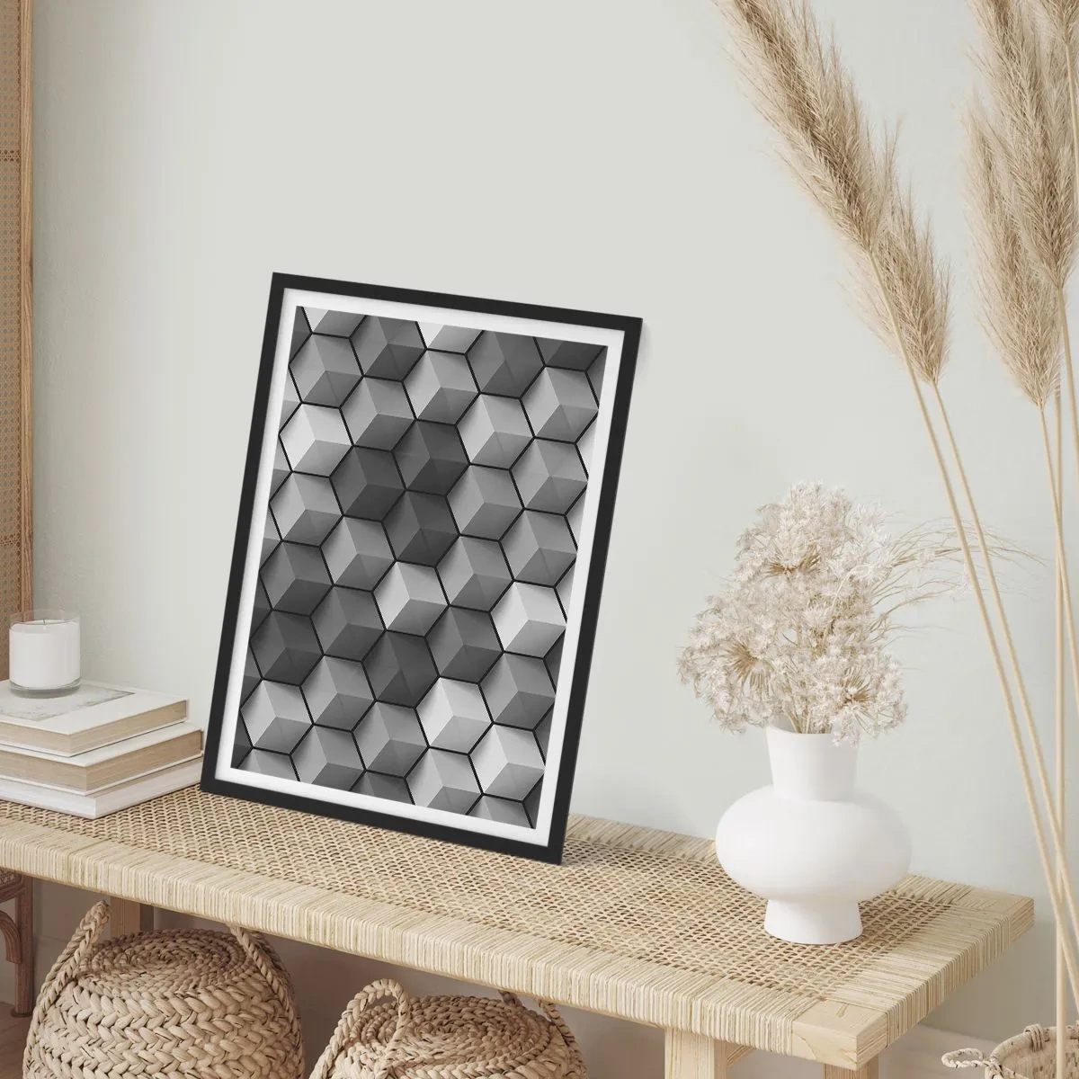 Poster in einem schwarzem Rahmen - Schwarz-Weiß-Komposition aus geometrischen 3D-Würfeln - 50x70cm - Kubistisches Puzzle - Moderne Wanddekoration für Wohnzimmer und Schlafzimmer ARTTOR