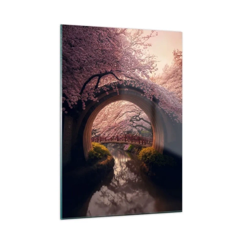 Glasbild - Bild auf glas - Kirschblüten und eine japanische Brücke durch das runde Tor gesehen - 50x70cm - Japanischer Frühling - Moderne Wanddekoration für Wohnzimmer und Schlafzimmer ARTTOR