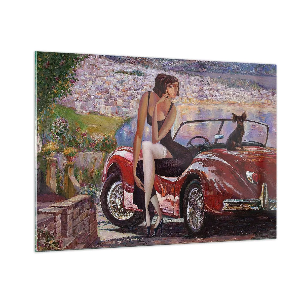 Glasbild - Bild auf glas - Eine Frau und ein Hund neben einem roten Auto mit einer Landschaft im Hintergrund. - 100x70cm - Sommer? Nur an der Riviera - Moderne Wanddekoration für Wohnzimmer und Schlafzimmer ARTTOR