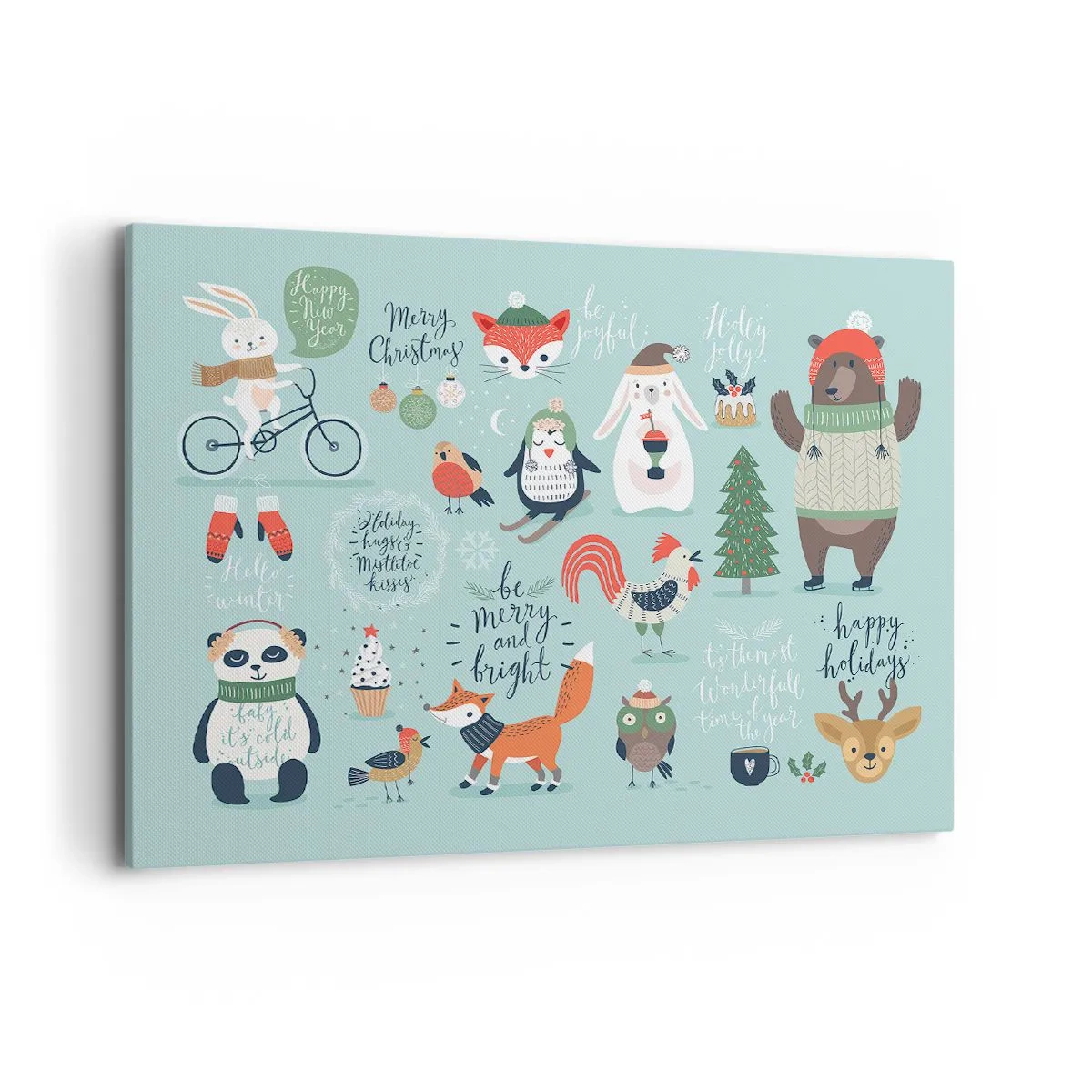 Bild auf Leinwand - Leinwandbild - Weihnachtsillustration von Tieren in winterlicher Atmosphäre - 100x70cm - Möge es immer Weihnachten sein! - Moderne Wanddekoration für Wohnzimmer und Schlafzimmer ARTTOR