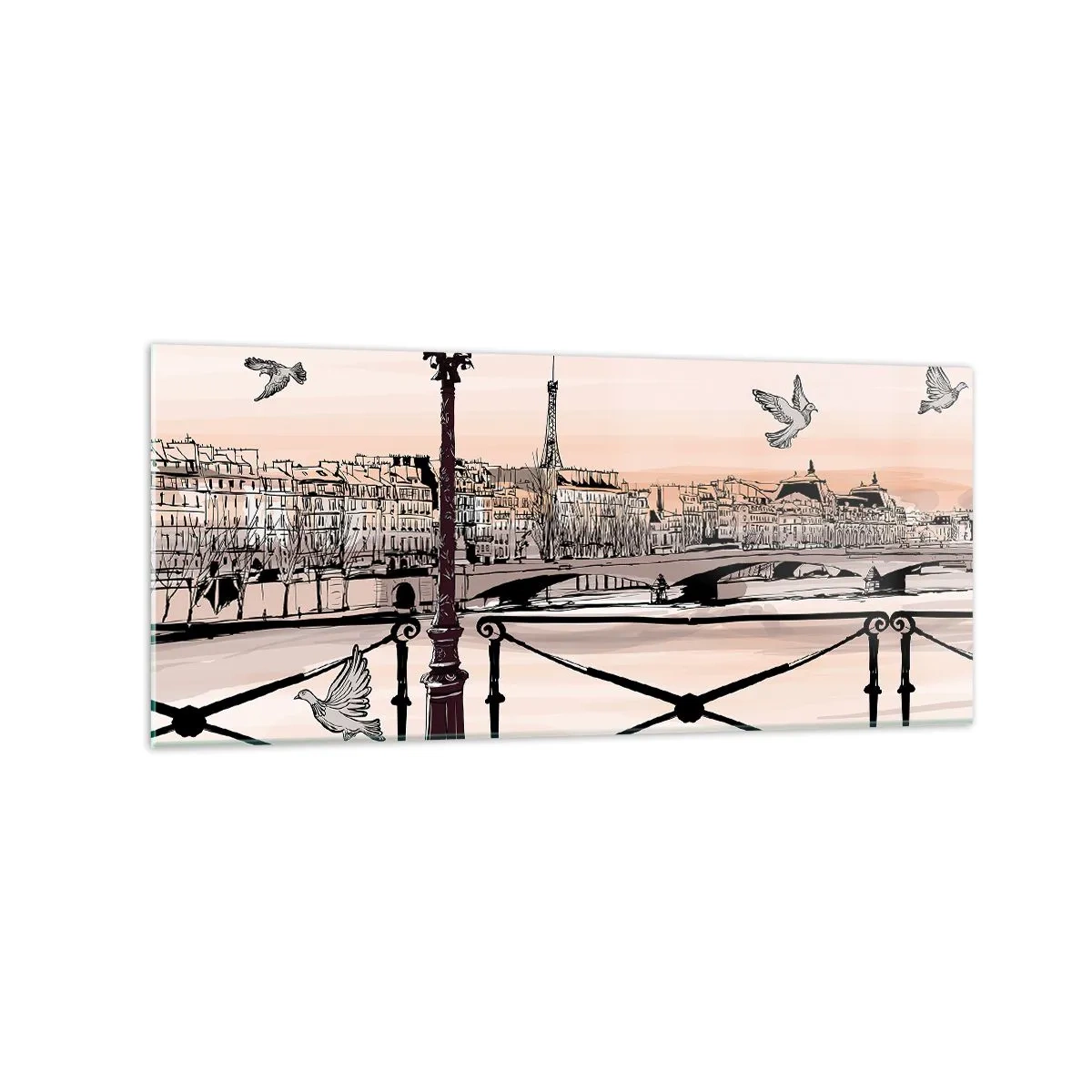 Glasbild - Bild auf glas - Pariser Ansicht mit einer Laterne und einer Brücke - 120x50cm - Über den Dächern von Paris - Moderne Wanddekoration für Wohnzimmer und Schlafzimmer ARTTOR
