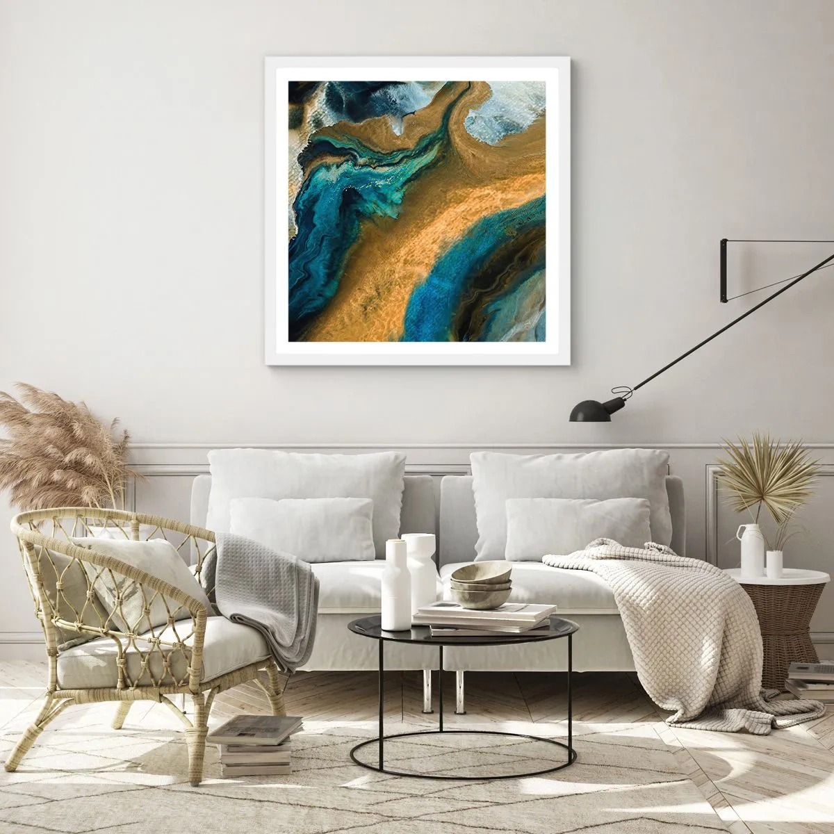 Poster in einem weißen Rahmen - Blau - Gelb - gegenseitige Beeinflussung - 50x50 cm