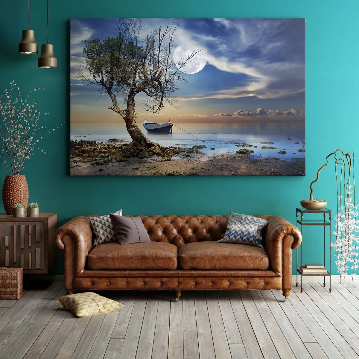 Bild auf Leinwand - Leinwandbild - Ein einsamer Baum und ein Boot auf ruhigem Wasser unter Vollmond. - 100x70cm - Ist das das Ende oder der Anfang? - Moderne Wanddekoration für Wohnzimmer und Schlafzimmer ARTTOR