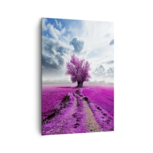 Bild auf Leinwand - Leinwandbild - Ein einsamer Baum auf einem Feld in einem intensiven Rosaton - 70x100cm - Heide - Wildnis - Moderne Wanddekoration für Wohnzimmer und Schlafzimmer ARTTOR