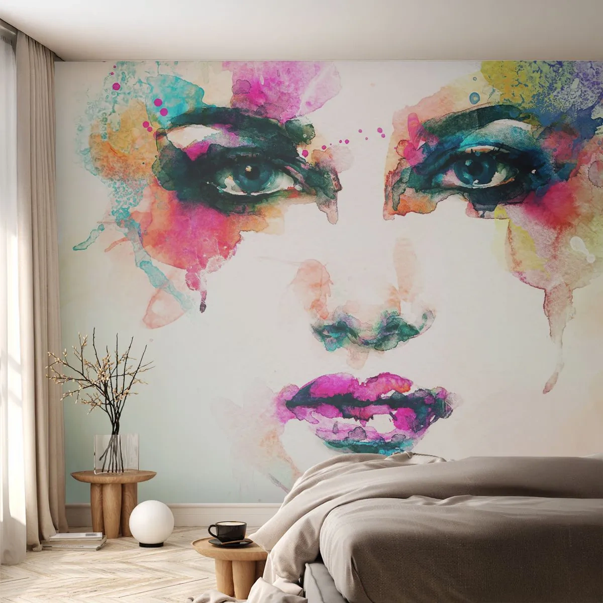 Selbstklebende Fototapete Deluxe Sticker - Ein mit einem Regenbogen gemaltes Porträt - Abstraktion, Das Gesicht einer Frau, Stück - 500x350 cm