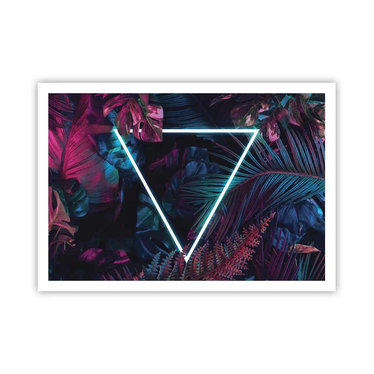 Poster - Ein Neondreieck, umgeben von tropischen Blättern in dunklen Farben. - 100x70cm - Garten im Disco-Stil - Moderne Wanddekoration für Wohnzimmer und Schlafzimmer ARTTOR