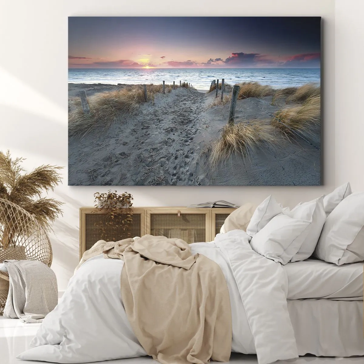 Bild auf Leinwand - Leinwandbild - Weg zum Strand bei Sonnenuntergang - 120x80cm - Du hast einen Regenbogen aus strahlendem Licht verschüttet ... - Moderne Wanddekoration für Wohnzimmer und Schlafzimmer ARTTOR