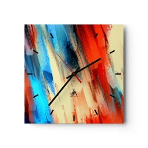 Wanduhr - Glasuhr - Abstrakter Pinselstrich in Blau- und Orangetönen - 30x30cm - Eine Kaskade von Farben - Moderne Wanddekoration für Wohnzimmer und Schlafzimmer ARTTOR